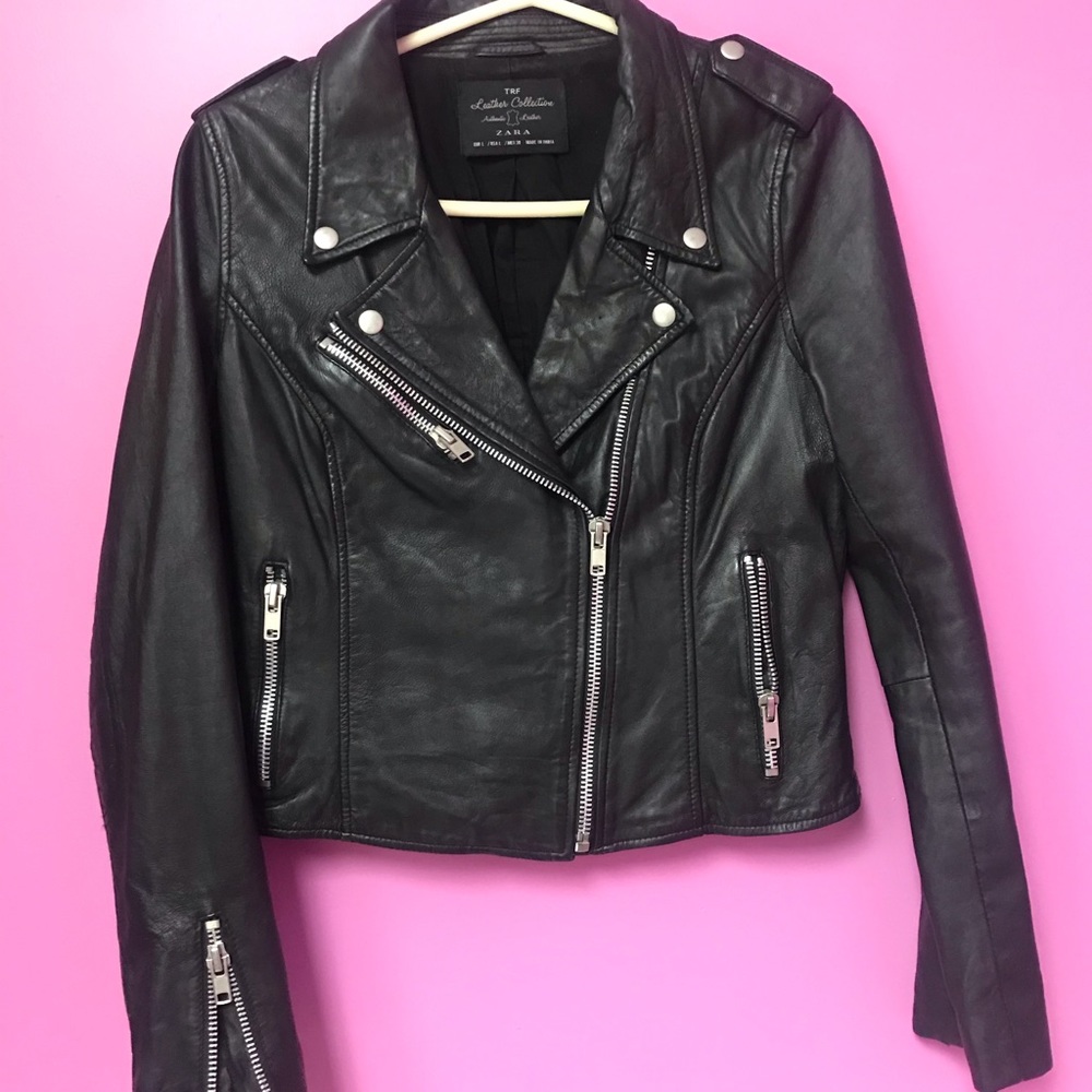 Zara LARGE Leather Moto Motorcycle Biker Jacket